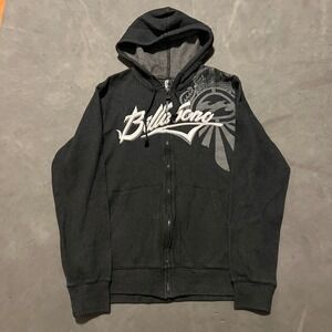 Billabong Mens XL Black Ribbed Full Zip Hoodie Graphic Logo Y2K Surf